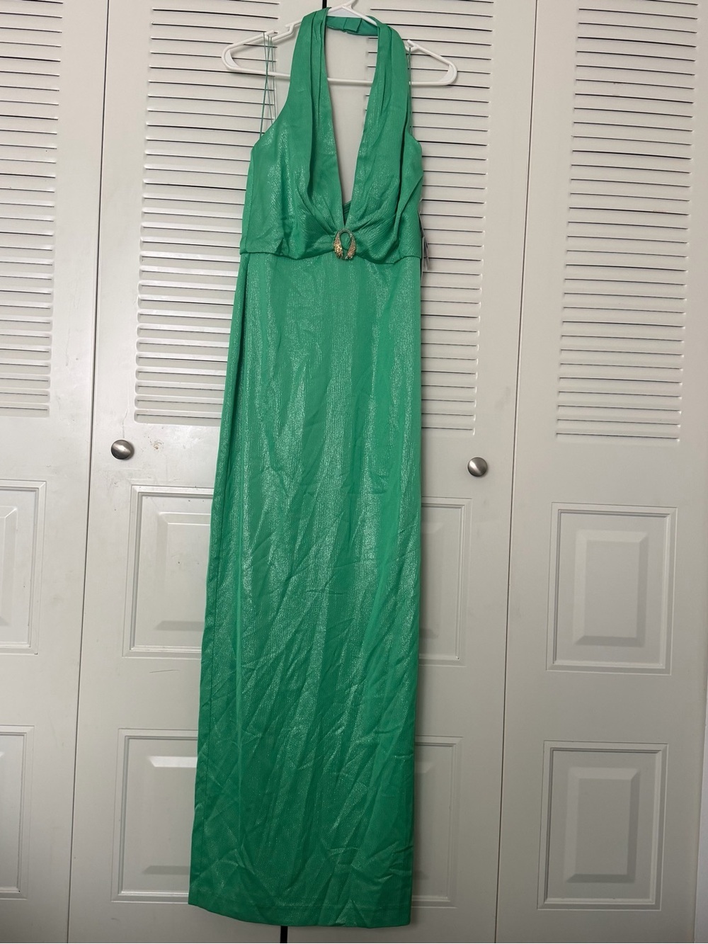 Liv Foster Foiled Satin V-Neck Halter Gown Summer Green Size 6 - Picture 5 of 13